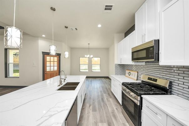 Interior, Kitchen, Pendant Lights, Recessed Lighting, Wood Texture Flooring