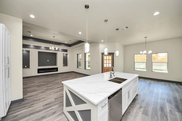 Fireplace, Interior, Kitchen, Pendant Lights, Recessed Lighting, Stainless Steel Appliances, Wood Texture Flooring