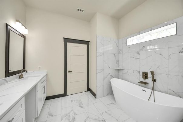 Bathroom, Dual Sink Vanities, Free Standing Baths, Interior, Marble, Marble Walls