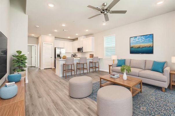 Interior, Kitchen, Living room, Recessed Lighting, Stainless Steel Appliances, Wood Texture Flooring