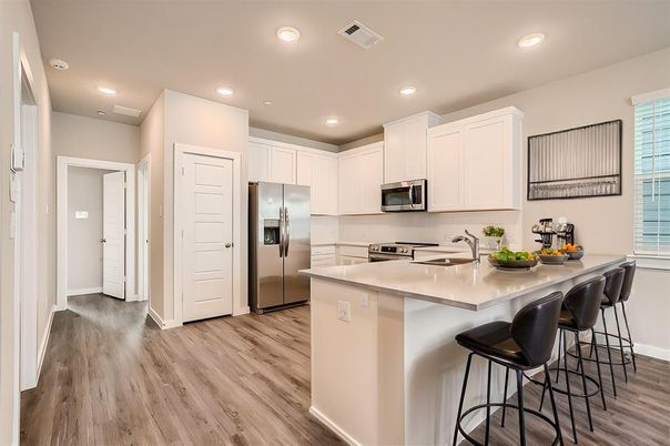 Interior, Kitchen, Recessed Lighting, Stainless Steel Appliances, Wood Texture Flooring