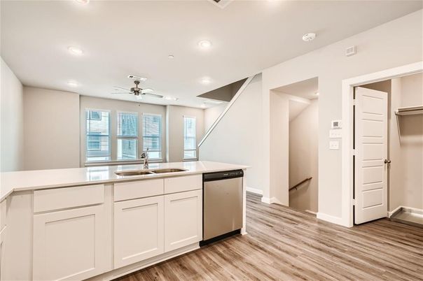 Interior, Kitchen, Recessed Lighting, Wood Texture Flooring