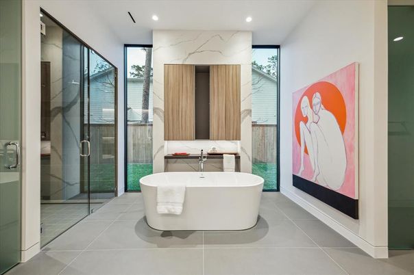 Bathroom, Free Standing Baths, Glass Shower, Interior, Recessed Lighting
