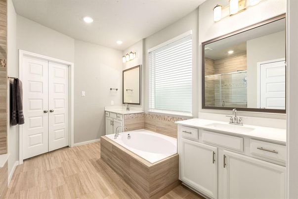 Bathroom, Dual Sink Vanities, Interior, Recessed Lighting, Wood Texture Flooring