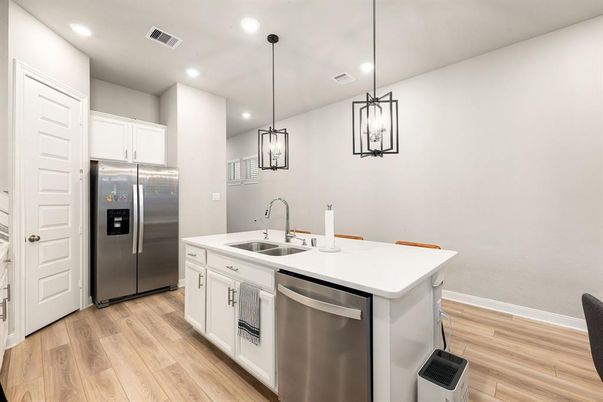 Interior, Kitchen, Pendant Lights, Recessed Lighting, Stainless Steel Appliances, Wood Texture Flooring