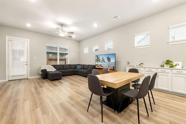 Dining room, Interior, Living room, Recessed Lighting, Wood Texture Flooring