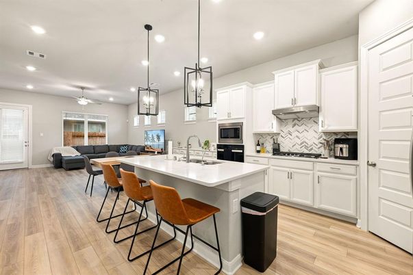 Interior, Kitchen, Living room, Pendant Lights, Recessed Lighting, Stainless Steel Appliances, Wood Texture Flooring