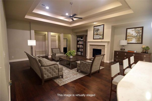 Fireplace, Interior, Living room, Recessed Lighting, Wood Texture Flooring