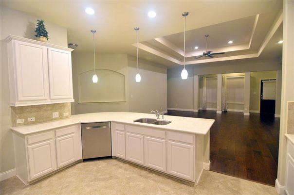 Interior, Kitchen, Pendant Lights, Recessed Lighting, Wood Texture Flooring