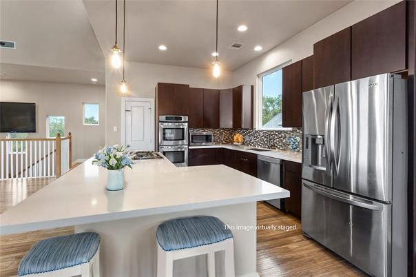 Interior, Kitchen, Pendant Lights, Recessed Lighting, Stainless Steel Appliances, Wood Texture Flooring
