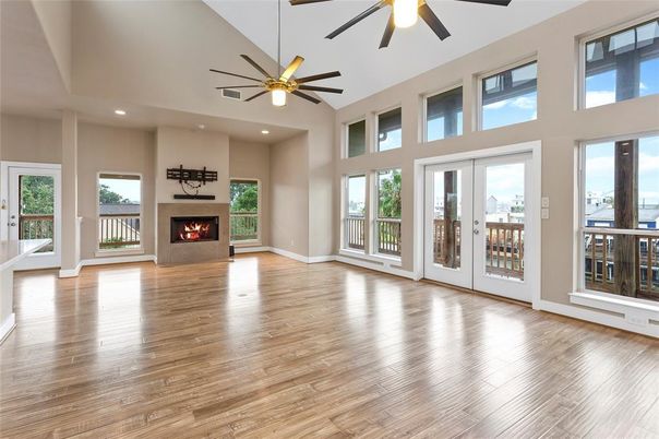 Empty room, Fireplace, Interior, Recessed Lighting, Wood Texture Flooring