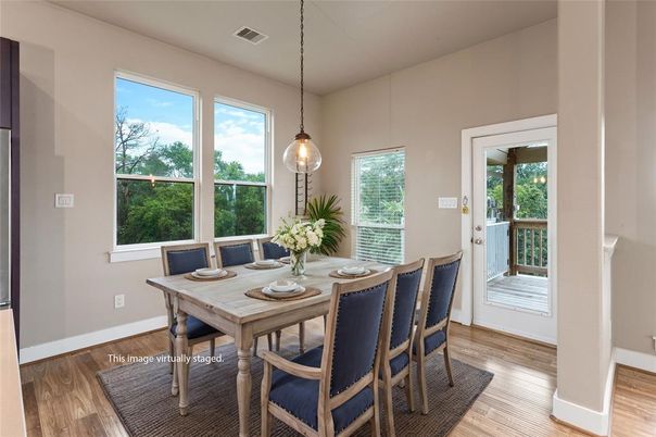 Dining room, Interior, Pendant Lights, Wood Texture Flooring