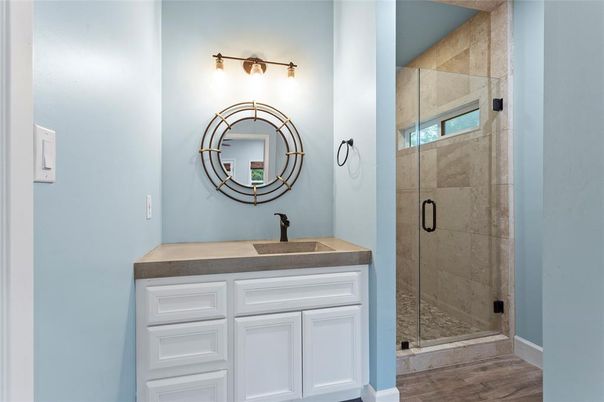 Bathroom, Glass Shower, Interior, Wood Texture Flooring