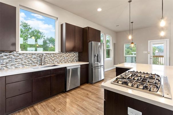 Interior, Kitchen, Pendant Lights, Recessed Lighting, Stainless Steel Appliances, Wood Texture Flooring