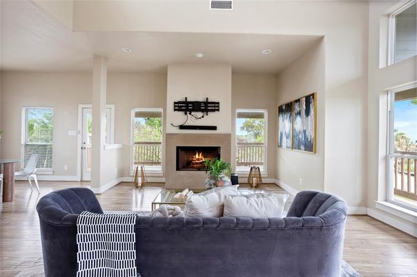 Fireplace, Interior, Living room, Recessed Lighting, Wood Texture Flooring