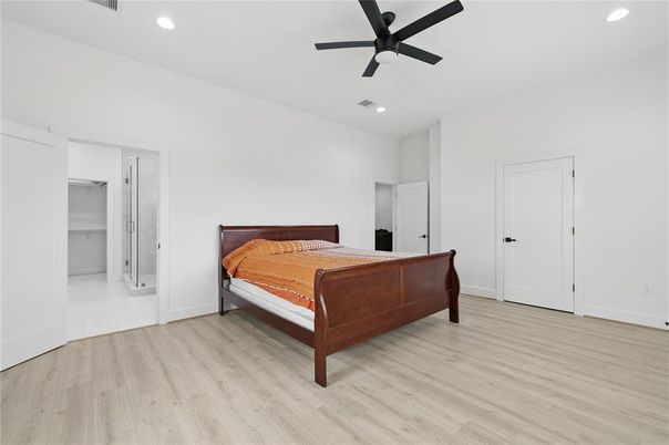 Bedroom, Interior, Recessed Lighting, Wood Texture Flooring