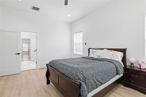 Bedroom, Interior, Recessed Lighting, Wood Texture Flooring