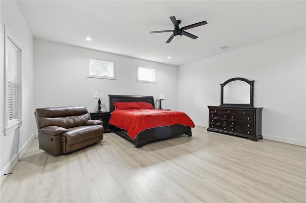 Bedroom, Interior, Recessed Lighting, Wood Texture Flooring