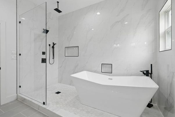 Bathroom, Free Standing Baths, Glass Shower, Interior, Marble Walls, Recessed Lighting