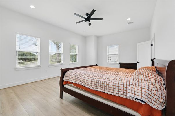 Bedroom, Interior, Recessed Lighting, Wood Texture Flooring