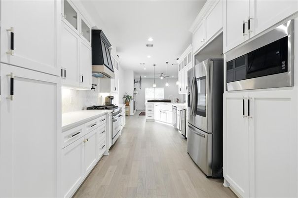 Interior, Kitchen, Pendant Lights, Recessed Lighting, Stainless Steel Appliances, Wood Texture Flooring