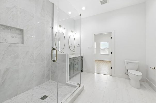 Bathroom, Glass Shower, Interior, Marble Walls, Recessed Lighting, Wood Texture Flooring