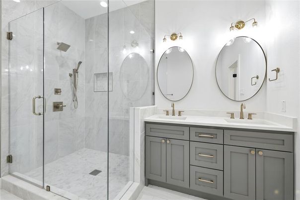 Bathroom, Dual Sink Vanities, Glass Shower, Interior, Marble Walls