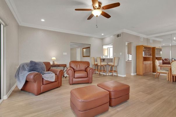 Dining room, Interior, Living room, Recessed Lighting, Wood Texture Flooring