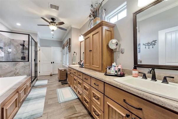 Bathroom, Dual Sink Vanities, Glass Shower, Interior, Pendant Lights, Recessed Lighting