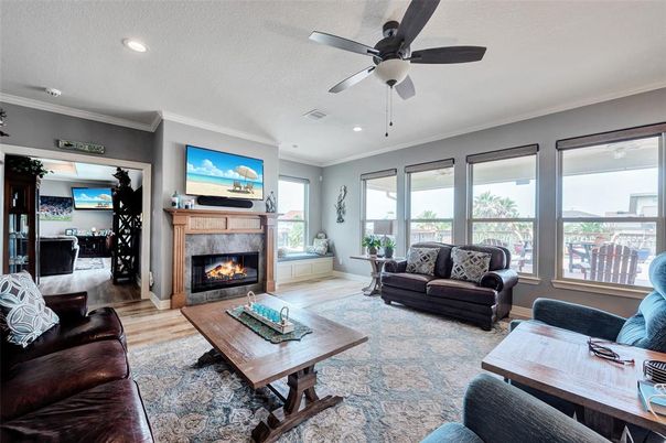 Fireplace, Interior, Living room, Recessed Lighting, Wood Texture Flooring