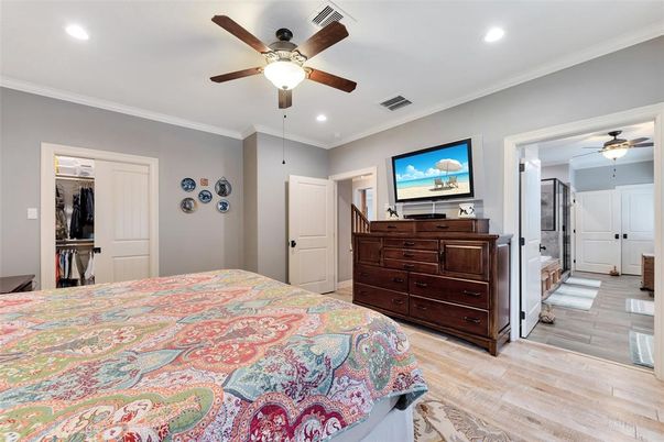 Bedroom, Interior, Recessed Lighting, Wood Texture Flooring