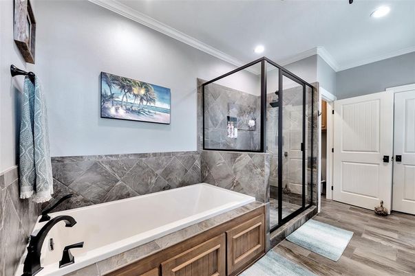 Bathroom, Glass Shower, Interior, Recessed Lighting, Wood Texture Flooring
