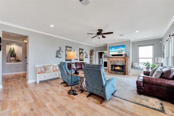 Fireplace, Interior, Living room, Recessed Lighting, Wood Texture Flooring