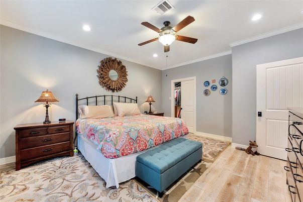 Bedroom, Interior, Recessed Lighting, Wood Texture Flooring