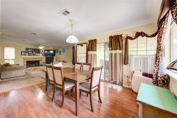 Dining room, Fireplace, Interior, Living room, Pendant Lights, Wood Texture Flooring