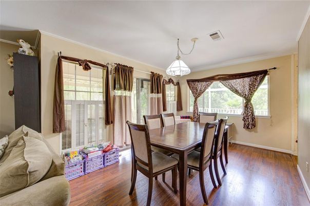 Dining room, Interior, Pendant Lights, Wood Texture Flooring