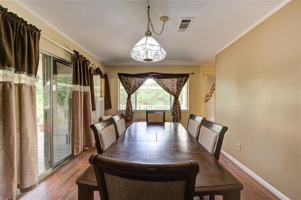 Dining room, Interior, Pendant Lights, Wood Texture Flooring