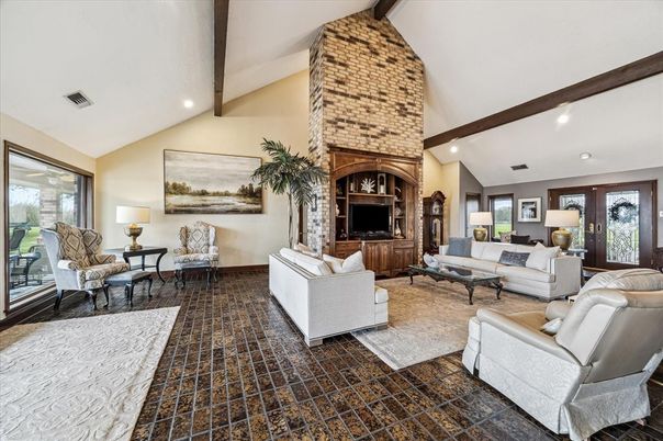 Fireplace, Interior, Living room, Recessed Lighting, Stone Walls, Wooden Beams