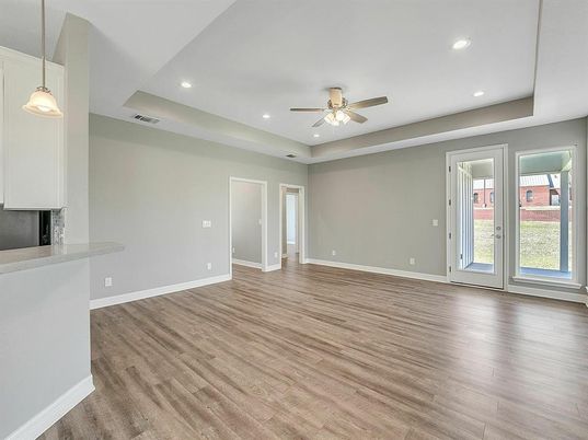 Empty room, Interior, Pendant Lights, Recessed Lighting, Wood Texture Flooring