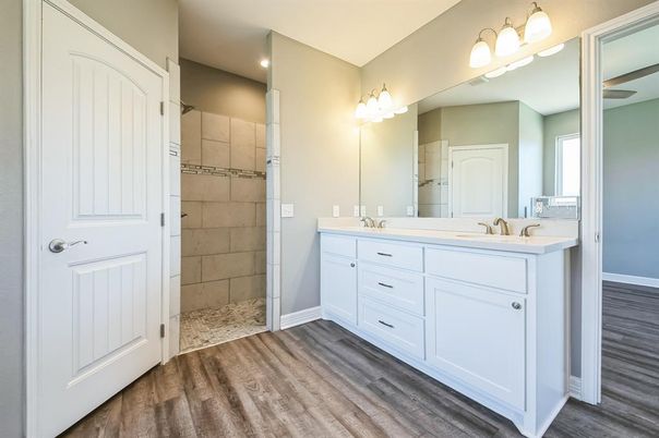 Bathroom, Dual Sink Vanities, Interior, Recessed Lighting, Walk-in Closets, Wood Texture Flooring