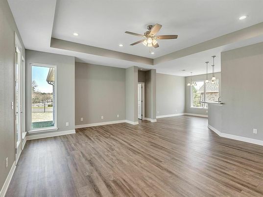 Empty room, Interior, Pendant Lights, Recessed Lighting, Wood Texture Flooring