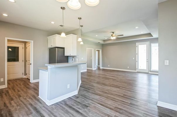 Interior, Kitchen, Pendant Lights, Recessed Lighting, Wood Texture Flooring