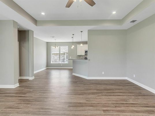 Chandelier, Empty room, Interior, Kitchen, Pendant Lights, Recessed Lighting, Wood Texture Flooring