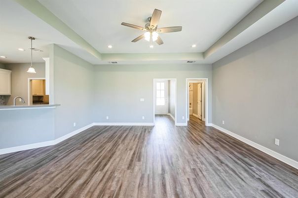 Empty room, Interior, Kitchen, Pendant Lights, Recessed Lighting, Wood Texture Flooring