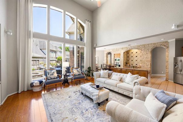 Interior, Living room, Recessed Lighting, Stone Walls, Wood Texture Flooring