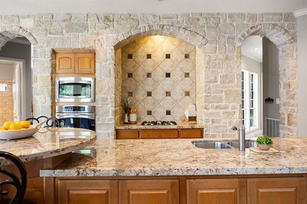 Interior, Kitchen, Stainless Steel Appliances, Stone Walls