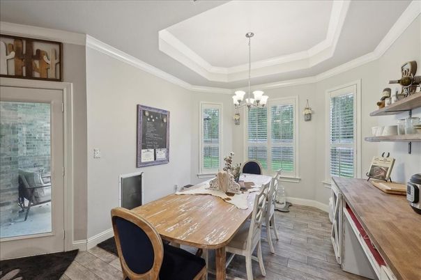 Chandelier, Dining room, Interior, Pendant Lights, Wood Texture Flooring