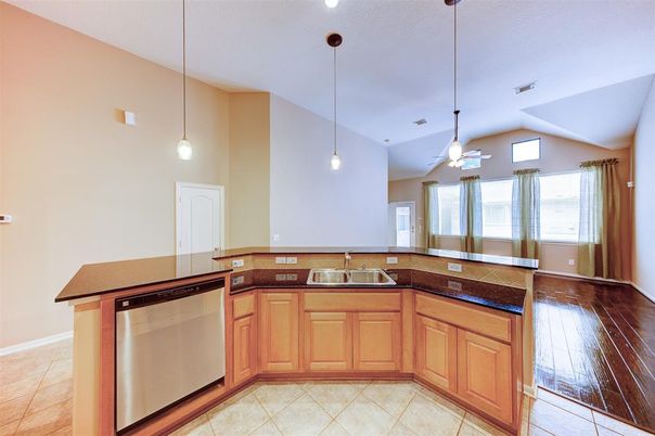 Interior, Kitchen, Pendant Lights, Wood Texture Flooring