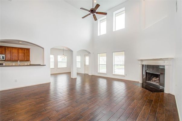 Empty room, Fireplace, Interior, Pendant Lights, Wood Texture Flooring