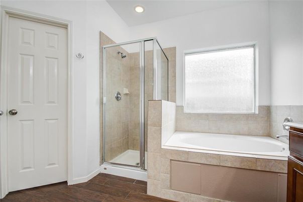 Bathroom, Glass Shower, Interior, Recessed Lighting, Wood Texture Flooring